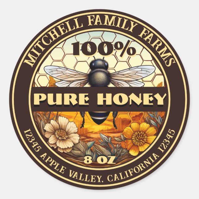 100% Pure Honey Bee Lable Classic Round Sticker (Front)