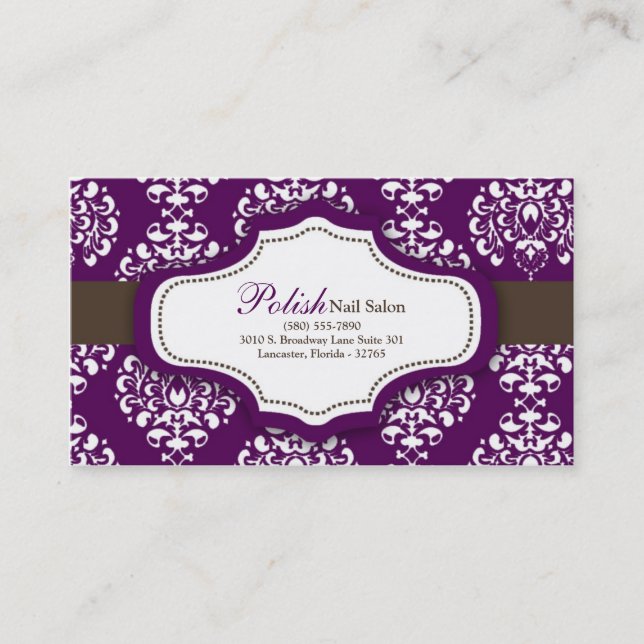 100 Purple Damask Nail Technician Business Card (Front)
