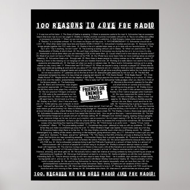 100 Reasons To Love FOE Radio Poster (Front)