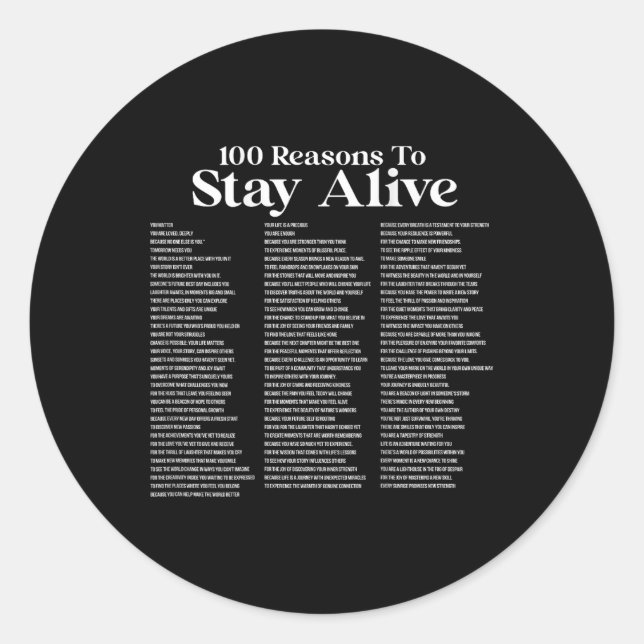100 Reasons To Stay Alive Suicide Prevention 988 P Classic Round Sticker (Front)
