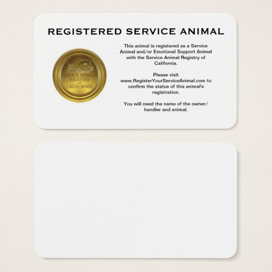 100 Registered Service Animal Business Cards (Front & Back)