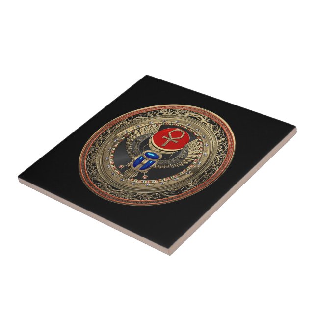 [100] Sacred Gold Egyptian Winged Scarab with Ankh Ceramic Tile (Side)