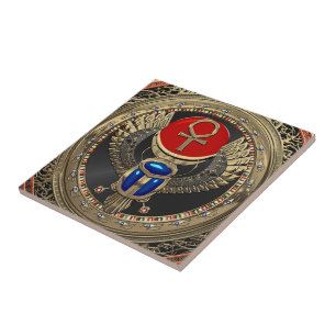 [100] Sacred Gold Egyptian Winged Scarab with Ankh Ceramic Tile