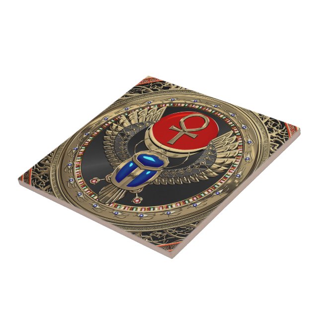 [100] Sacred Gold Egyptian Winged Scarab with Ankh Ceramic Tile (Side)