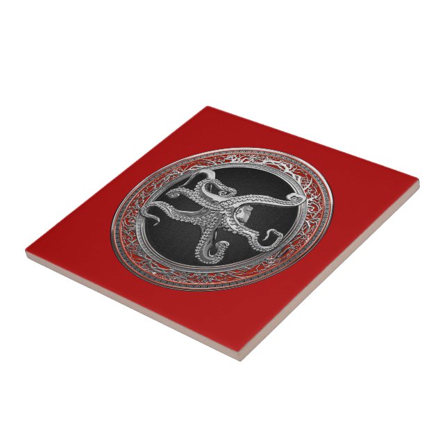 [100] Sacred Silver Octopus in Defensive Posture Ceramic Tile (Side)