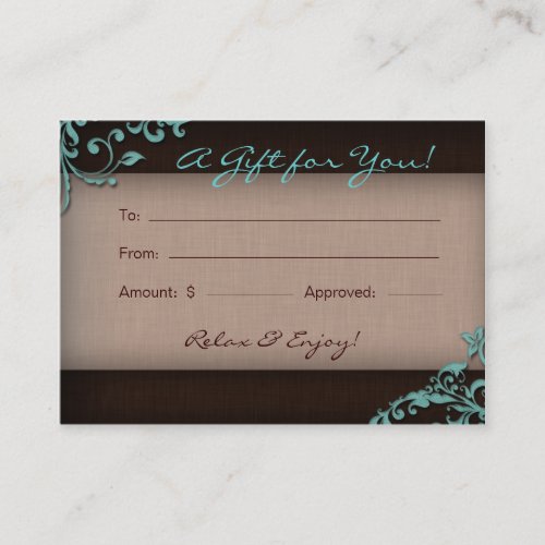 /100 Salon Gift Card Spa Linen Floral Brown Blue Business Cards
