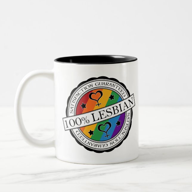 100% Satisfaction Guaranteed Lesbian Pride Rainbow Two-Tone Coffee Mug (Left)