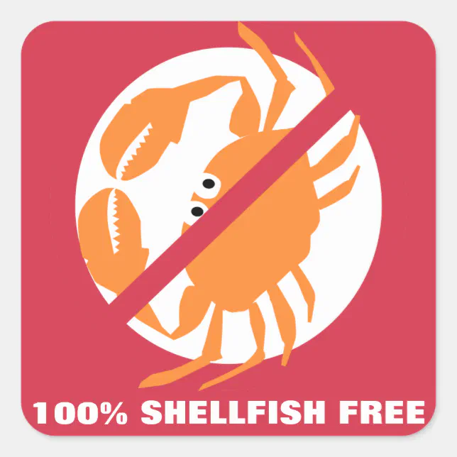 100% Shellfish Free Alert Personalized Red Crab Square Sticker | Zazzle
