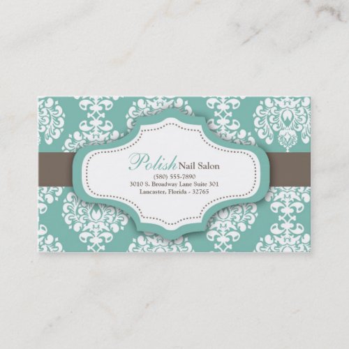 100 Teal Damask Nail Technician Business Card