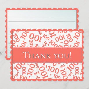 100 "Thank you!" Coral/White Number Pattern Thank You Card