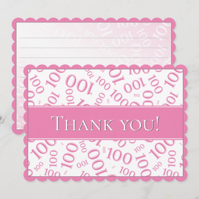 100 "Thank you!" Pink/White Number Pattern Thank You Card (Front/Back)