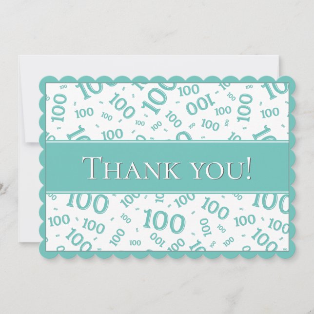 100 "Thank you!" Teal/White Number Pattern Thank You Card (Front)