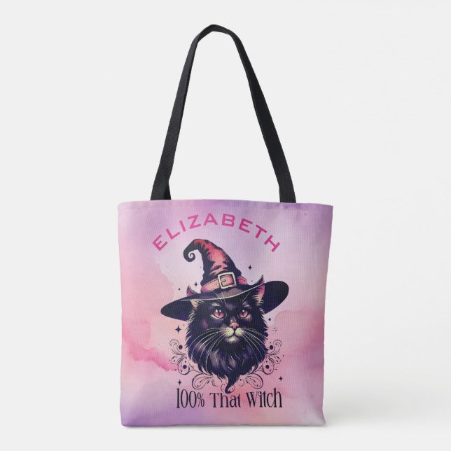 100% THAT WITCH - Black Cat With Witches Hat Tote Bag (Back)