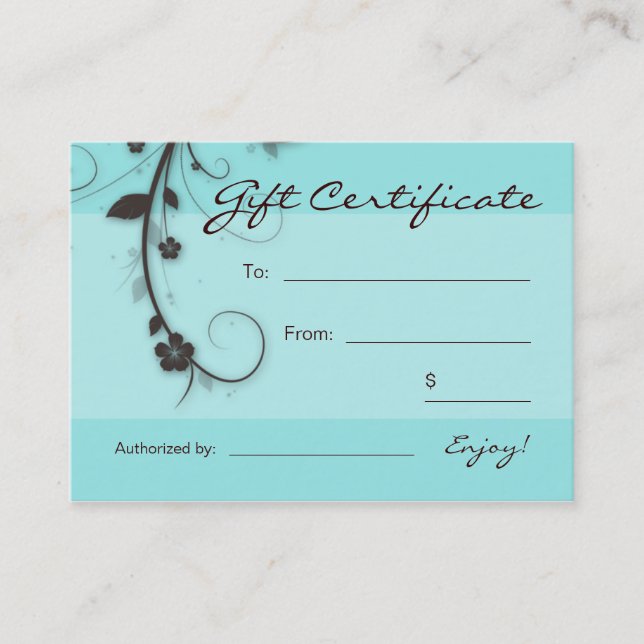 /100 Turquoise blue brown Floral Swirls Gift Card (Front)
