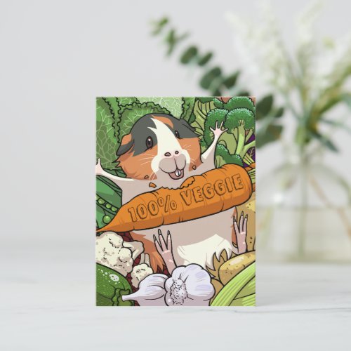 100 Veggie Happy Guinea Pig With Carrot Postcard