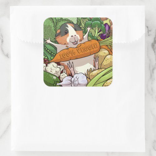 100 Veggie Happy Guinea Pig With Carrot Square Sticker