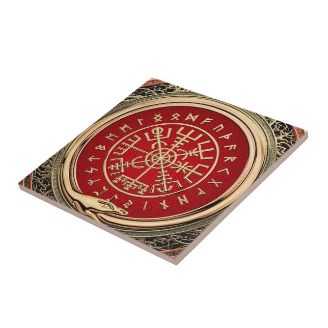 [100] Vegvisir - Viking Gold Magic Runic Compass Ceramic Tile (Side)