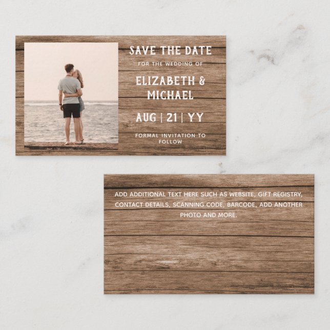 100 x BUDGET Photo Save Date RUSTIC Wood Wedding Business Card (Front/Back)