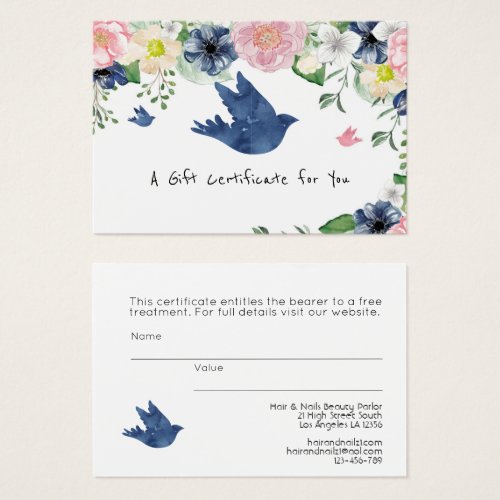 100 x Business LOGO Gift Certificates Blue Floral