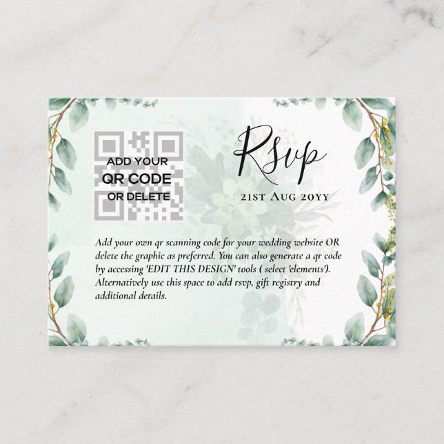100 x QR CODE WEDDING RSVP Eucalyptus PHOTO Budget Business Card (Front)