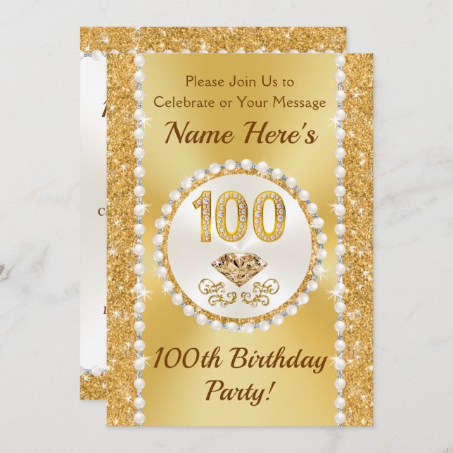 100 year Birthday Invitations, Lovely Personalized Invitation (Front/Back)