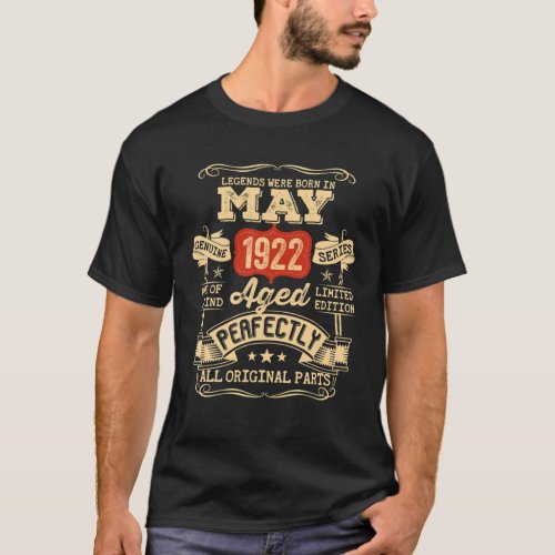 100 Year Old 100Th Birthday Gifts Vintage May 1922 T_Shirt