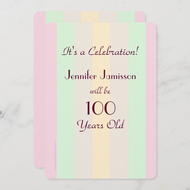 100 Year Old Pastel Stripe Party Invite Invitation (Front/Back)