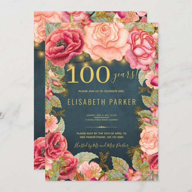 100 years floral elegant 100th birthday party invitation (Front/Back)