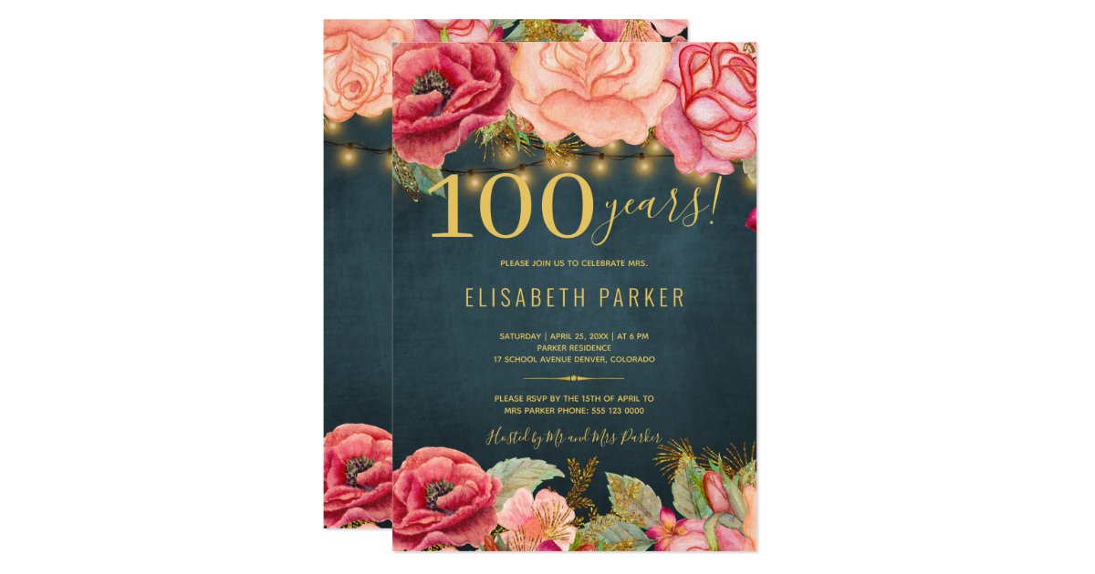 100 years floral elegant 100th birthday party invitation | Zazzle.com