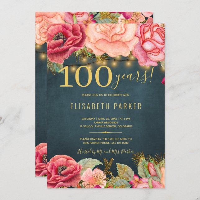 100 years floral elegant 100th birthday party invitation (Front/Back)