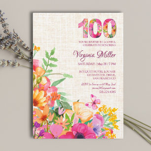 100 Years Flowers Floral Linen 100th Birthday Invitation