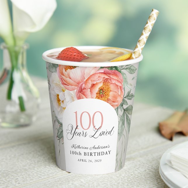 100 Years Loved Feminine Floral 100th Birthday Paper Cups (Creator Uploaded)