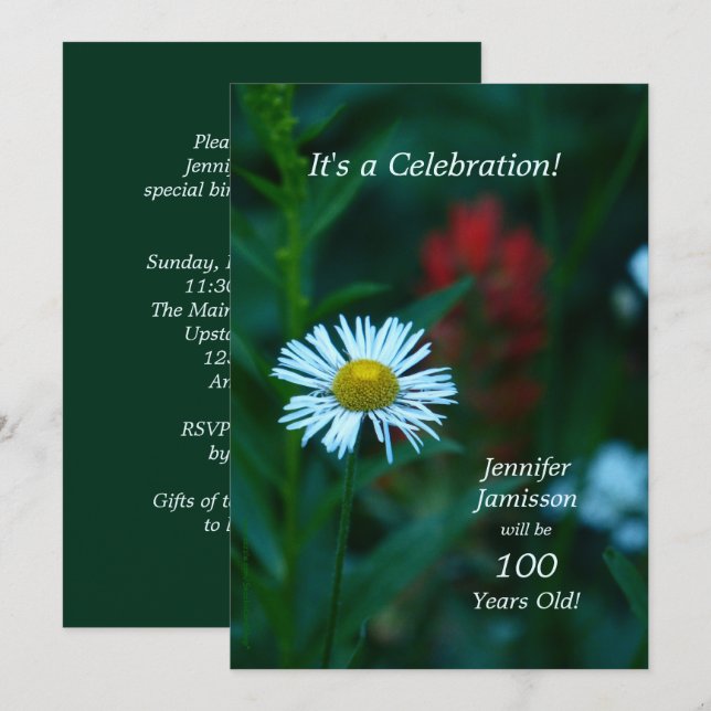 100 Years Old Birthday Party White Flower Invitation (Front/Back)