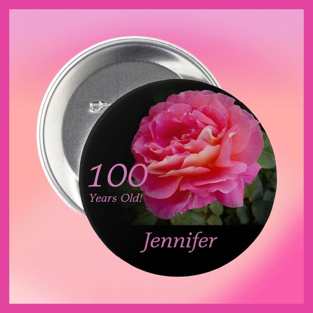 100 Years Old, Pink Rose Button Pin (Creator Uploaded)