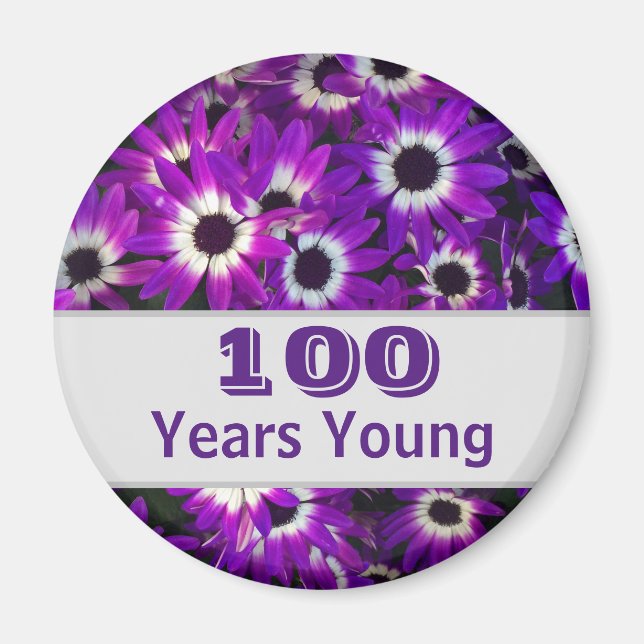 100 Years Young Purple Flower Photo Vivid Floral Magnet (Front)