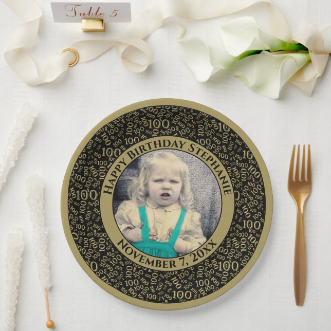 100 Your Photo Random Number Pattern Black/Gold Paper Plates (Wedding)