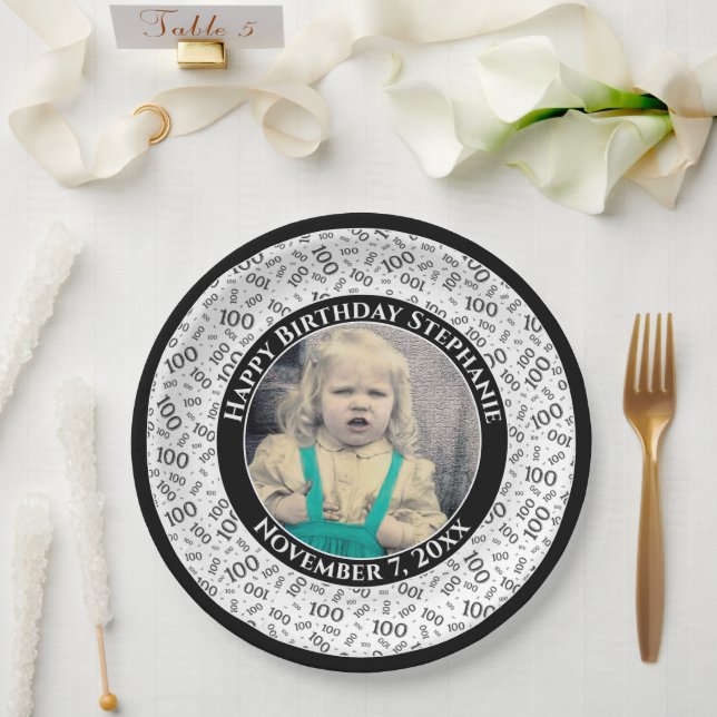 100 Your Photo Random Number Pattern Black/White Paper Plates (Wedding)