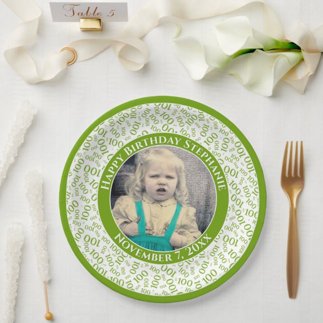 100 Your Photo Random Number Pattern Green/White Paper Plates (Wedding)