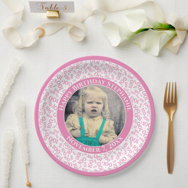 100 Your Photo Random Number Pattern Pink/White Paper Plates (Wedding)