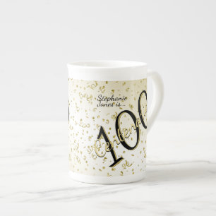 100 Yrs Centenarian Birthday Black/Gold Text Bone China Mug