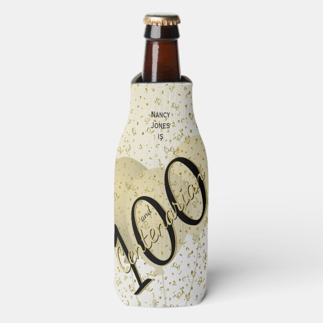 100 Yrs Centenarian Birthday Black/Gold Text Bottle Cooler (Bottle Front)
