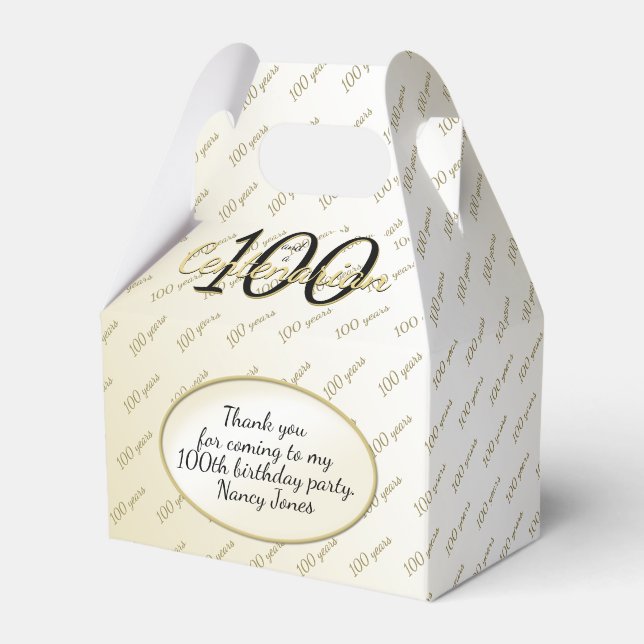 100 Yrs Centenarian Birthday Black/Gold Text Favor Boxes (Front Side)