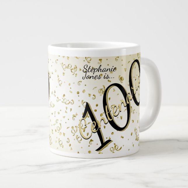 100 Yrs Centenarian Birthday Black/Gold Text Giant Coffee Mug (Front Right)