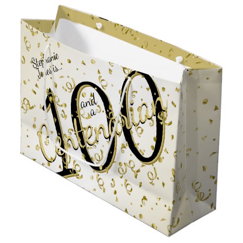 100 Yrs Centenarian Birthday BlackGold Text Large Gift Bag
