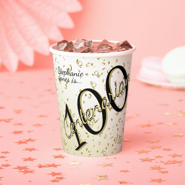 100 Yrs Centenarian Birthday Black/Gold Text Paper Cups (Insitu)