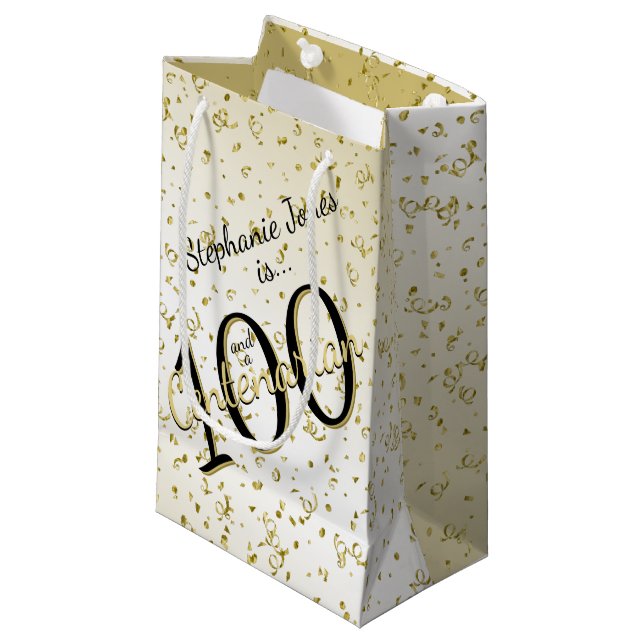 100 Yrs Centenarian Birthday Black/Gold Text Small Gift Bag (Front Angled)