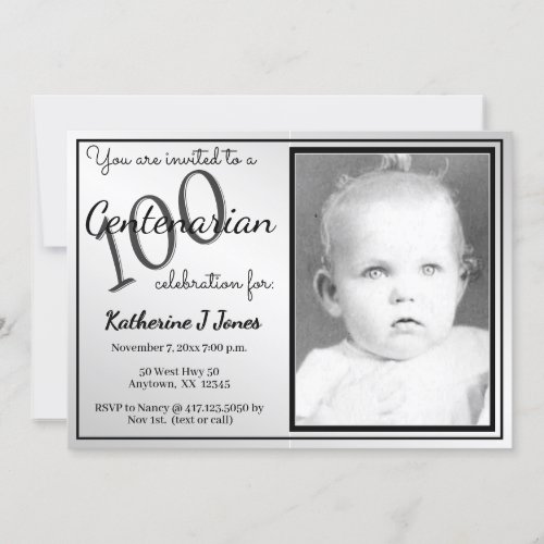 100 Yrs Centenarian Birthday Party BlackWhite Invitation