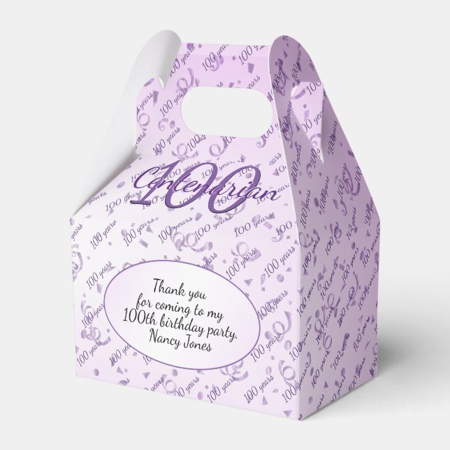 100 Yrs Centenarian Birthday Party Purple/White Favor Boxes (Front Side)