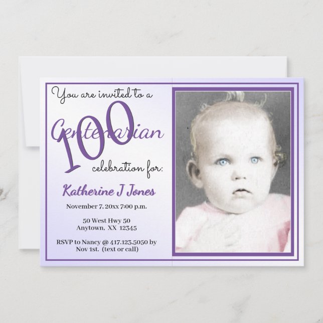 100 Yrs Centenarian Birthday Party Purple/White Invitation (Front)