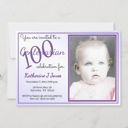 100 Yrs Centenarian Birthday Party PurpleWhite Invitation